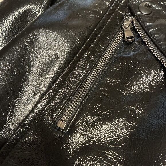 Frame Authentic Solid Black Shine Genuine Lamb Leather Biker Moto Jacket Small - Picture 6 of 8